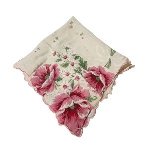 VTG HANKIE LG PINK FLOWERS COLORFUL GRAPHIC SCALLOPED EDGE POCKET SCARF BRIDE